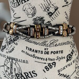 Vintage Black Leather Women Belt Gold‎ Silver Rose Gold Rhinestone Made In Italy